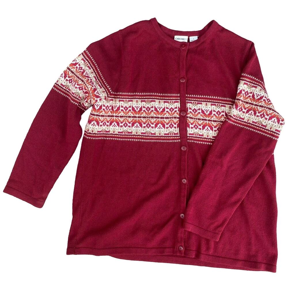 Vtg Cherokee Women’s X 14 16w V-Neck red White Button Down Cardigan Sweater Xmas